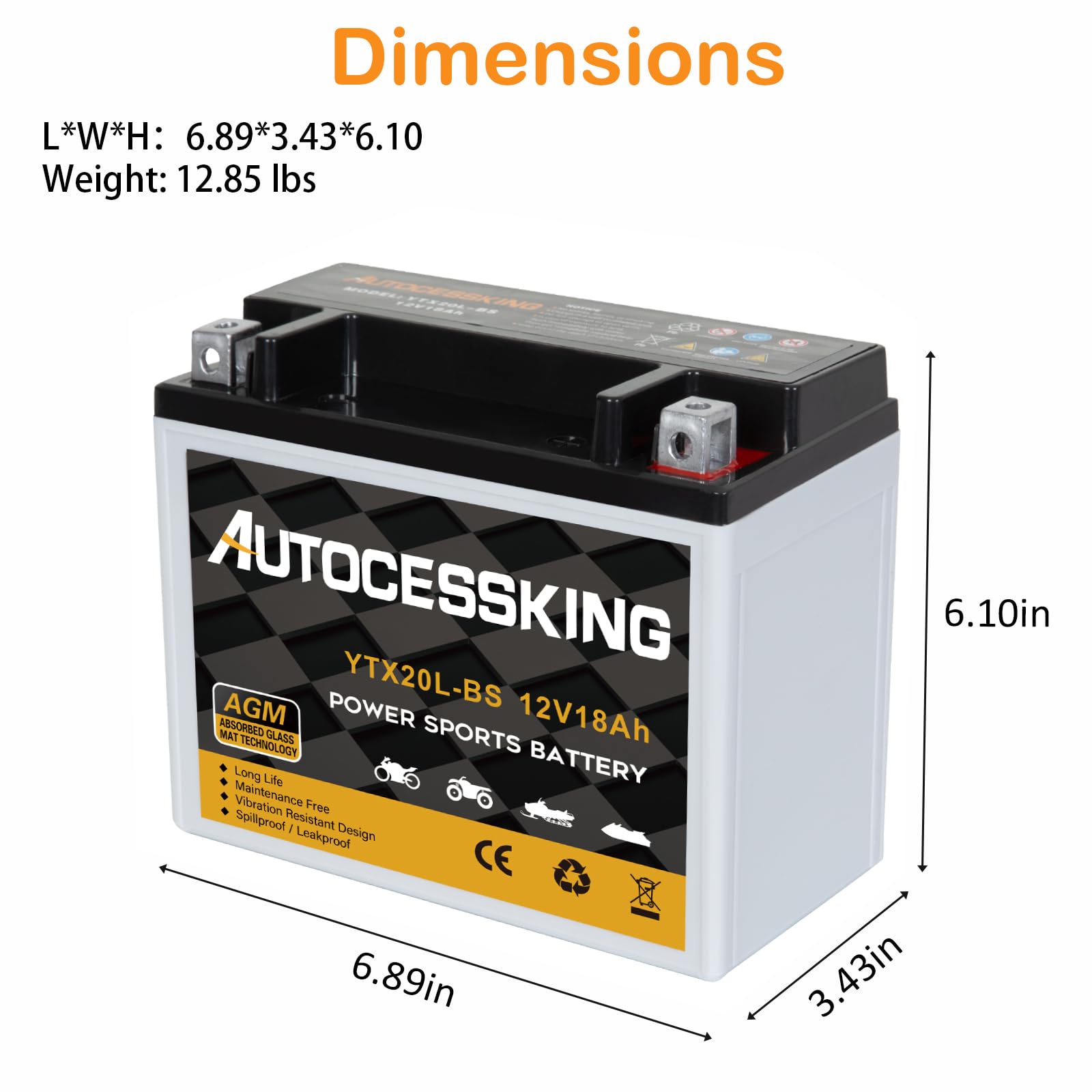 Autocessking Ytx20L-Bs 12V 18Ah Motorcycle Battery, Rechargeable Sealed Agm Battery Maintenance Free Powersport Replacement Batt