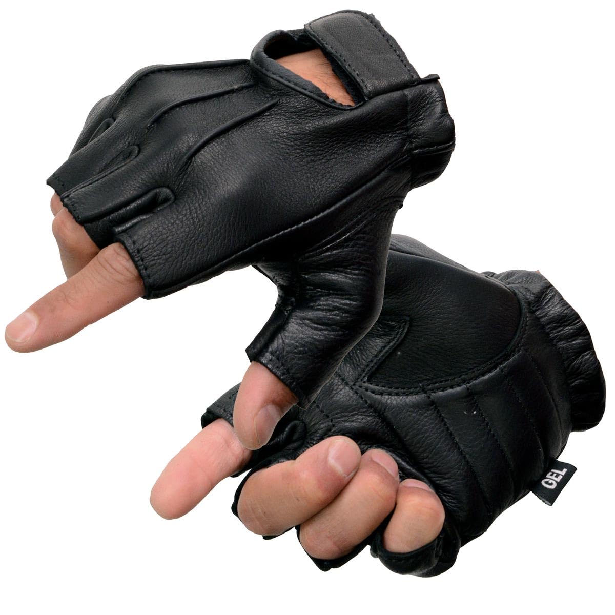Shaf International SH878 Men's Black Leather Gel Padded Palm Fingerless Motorcycle Hand Gloves Welted Genuine USA Deerskin - XXX
