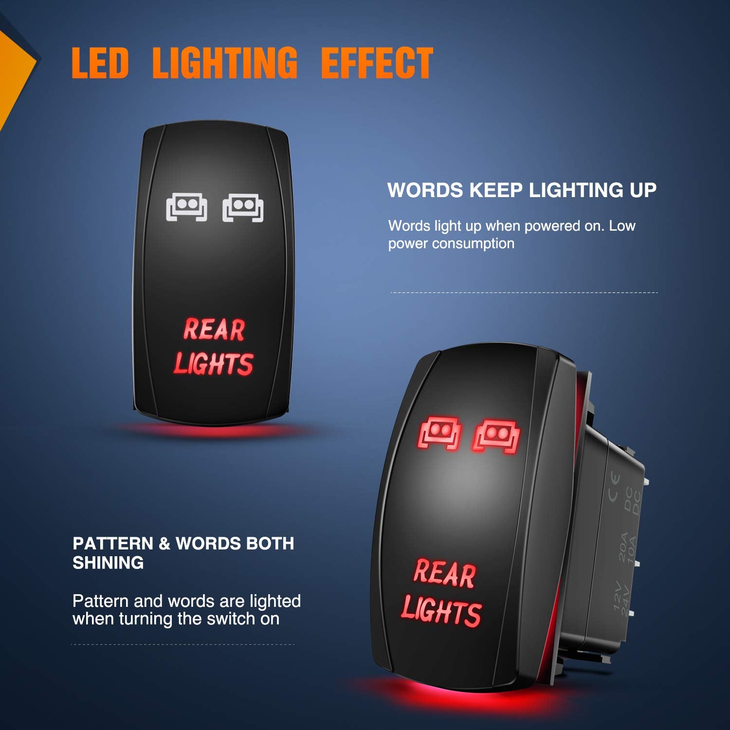 Nilight Rear Lights Rocker Switch Led Light Bar Switch 5Pin Laser On/Off switches Red 20A/12V 10A/24V Switch with Jumper Wires S