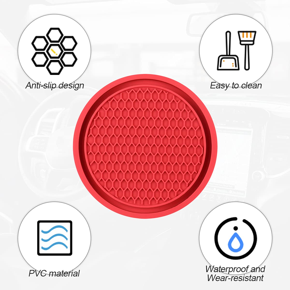 4 Pack Car Cup Holder Coaster, 2.75 Inch Diameter Non-Slip Universal Insert Coaster, Durable, Suitable For Most Car Interior, Car Accessory For Women And Men (Trench/Red)