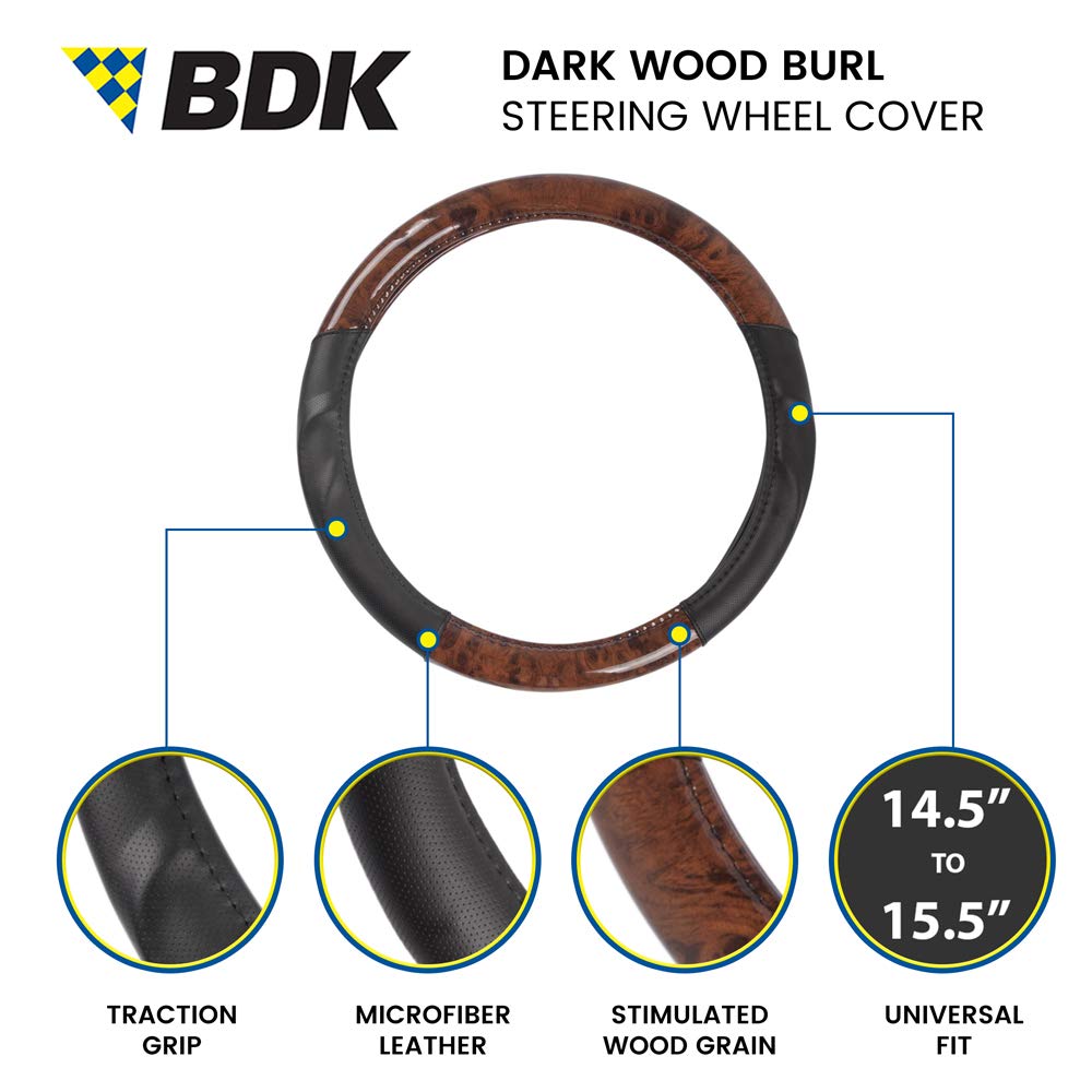 Bdk Dark Wood Grain Steering Wheel Cover With Black Faux Leather Comfort Grip, Standard 15 Inch Size, Car Steering Wheel Cover F