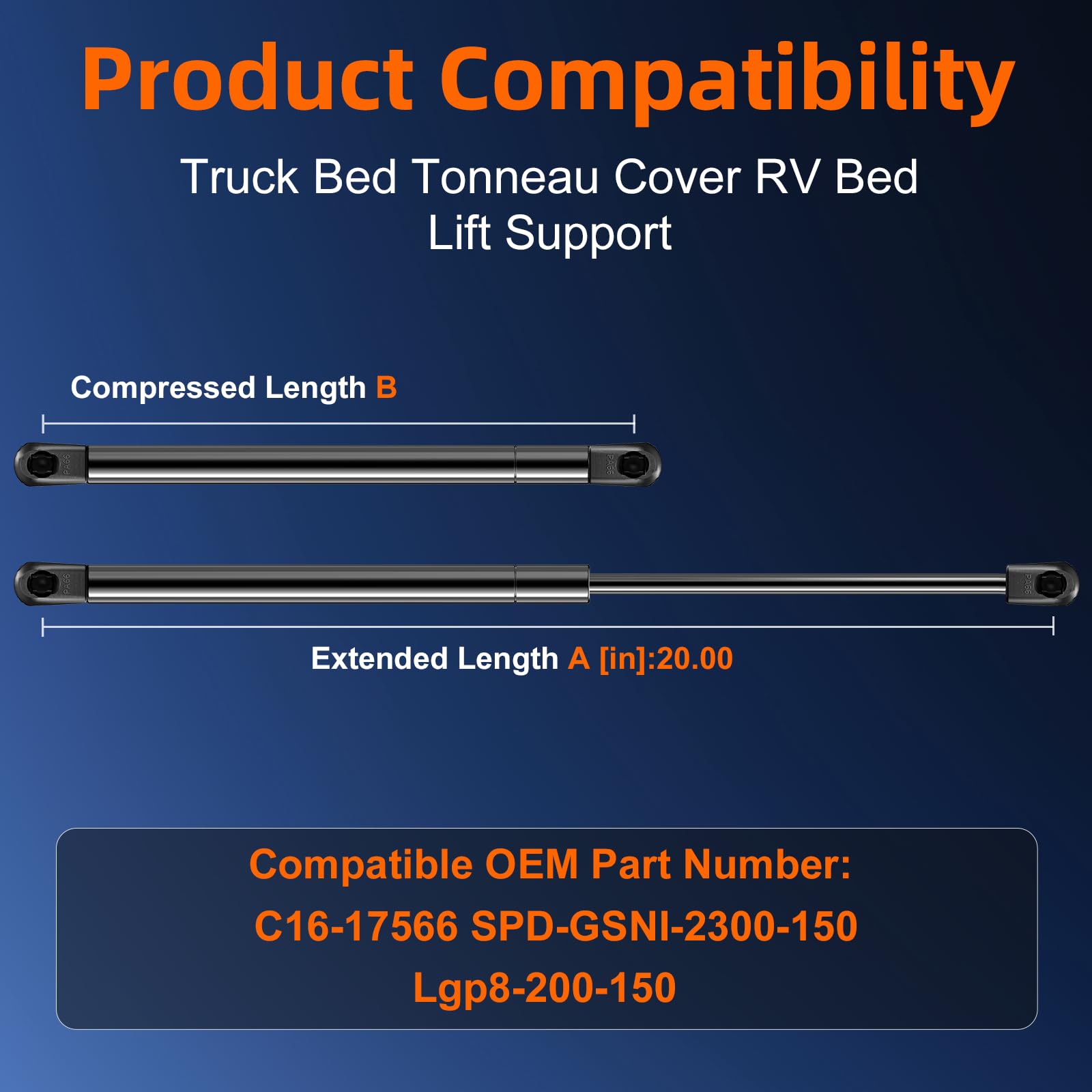 Qty (2) C16-17566 Spd-Gsni-2300-150 20In Gas Strut Shock Spring Prop - 150Lb/668N - Lift Support For Truck Bed Tonneau Cover Rv