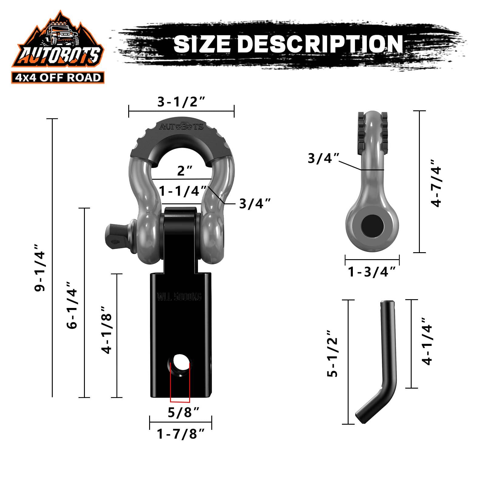 AUTOBOTS Tow Hitch Receiver 2'', 45,000 Lbs Break Strength Shackle Hitch Receiver with 5/8'' Screw Pin, 3/4 Shackle, Towing Acce