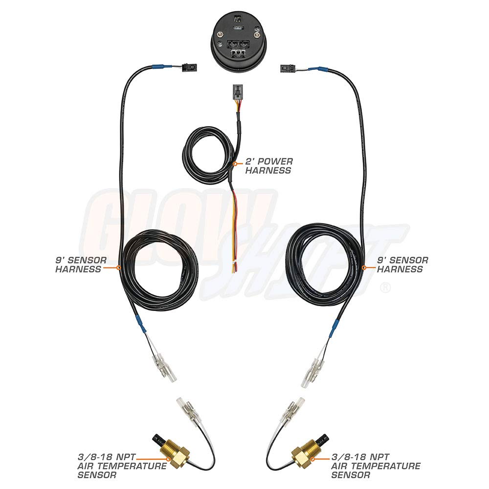 GlowShift 10 Color Digital 300°F Dual Intake Intercooler Temp Gauge Kit - GS-TCD20, 2-1/16" (52mm), Electronic Sensors, LED Displays