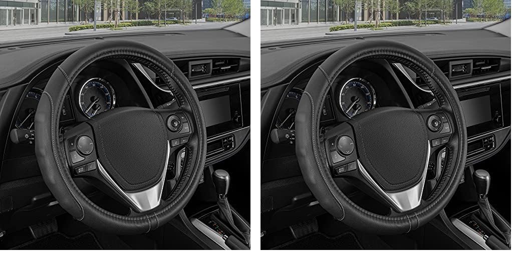 Motor Trend Gripdrive Faux Black Leather Steering Wheel Cover For Car Truck Van Suv, Small 14 Inch Size, Gray Accent Stitched Ca