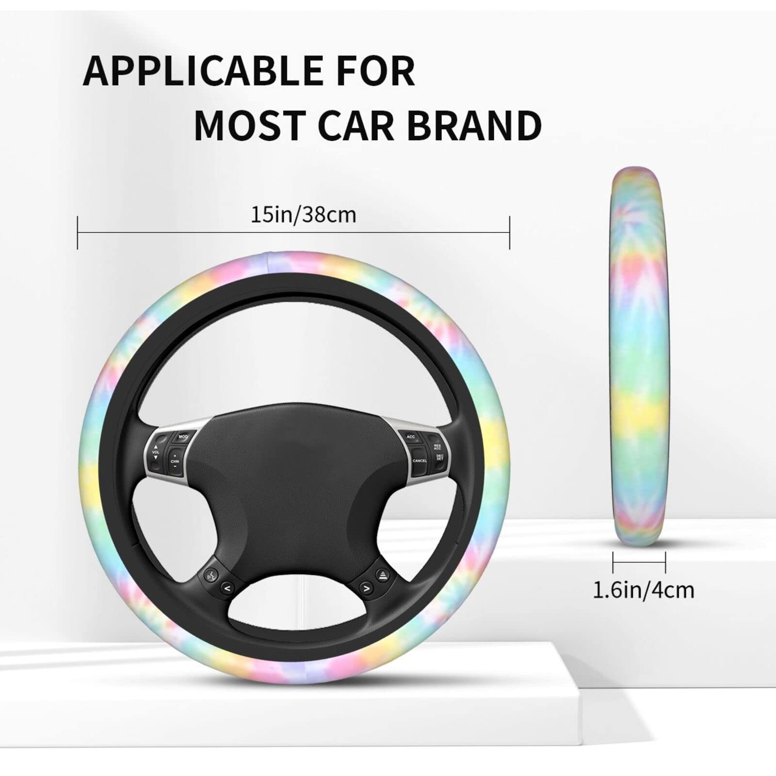 Rainbow Tie Dye Steering Wheel Cover for Women Men with 2 Pcs Car Coasters, Universal 14.5-15 Inch Rainbow Steering Wheel Covers