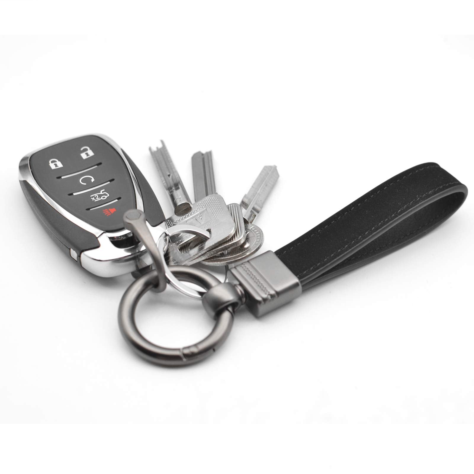 Car Fob Key Chain Genuine Leather Keychains Holder For Men And Women, 360 Degree Rotatable, With Anti-Lost D-Ring, Circle Carabiner And Key Rings, Black