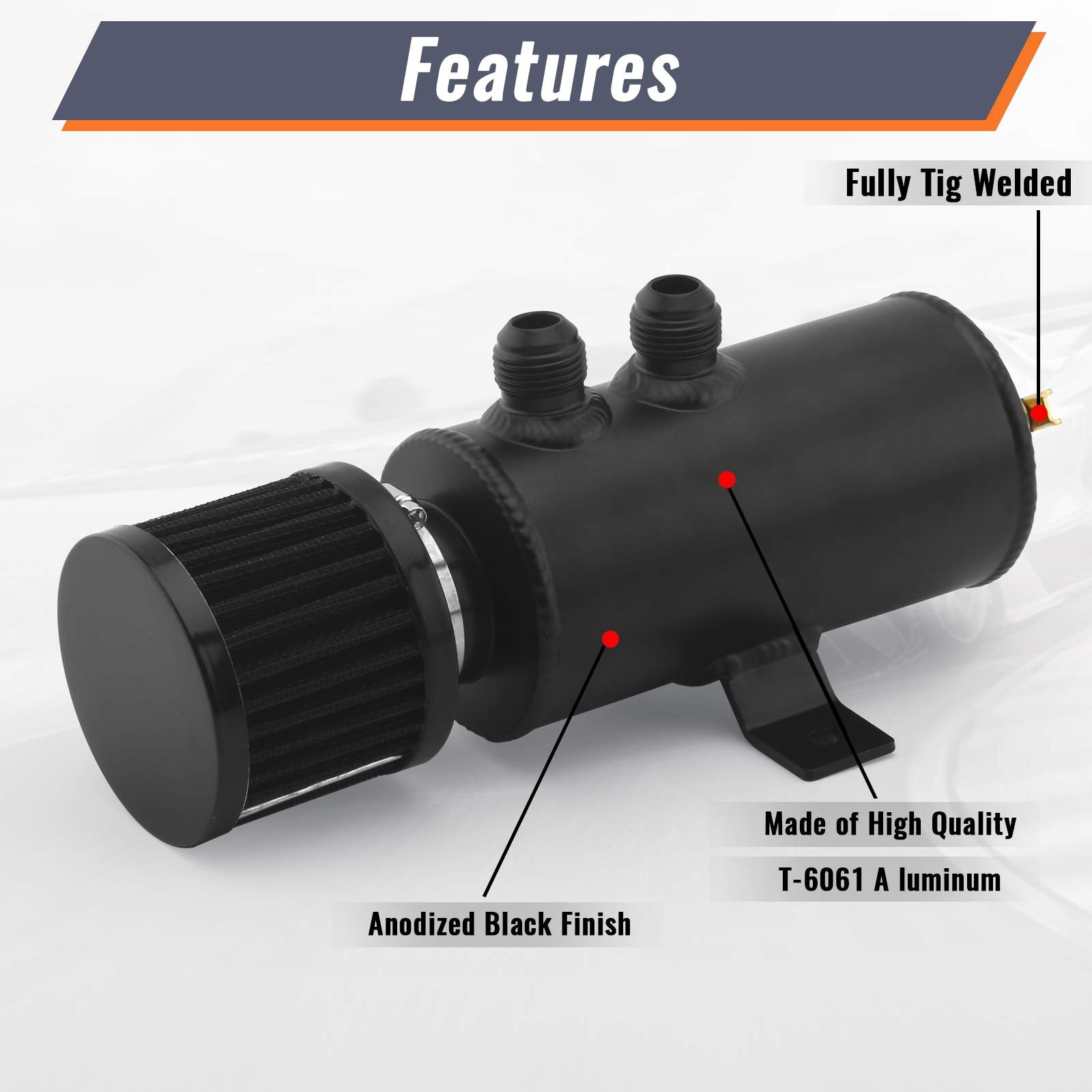 Muge Racing Universal Oil Catch Can Tank Kit Polish Baffled Reservoir With Breather Filter With 3/8'' Fuel Line,Aluminum,Black (