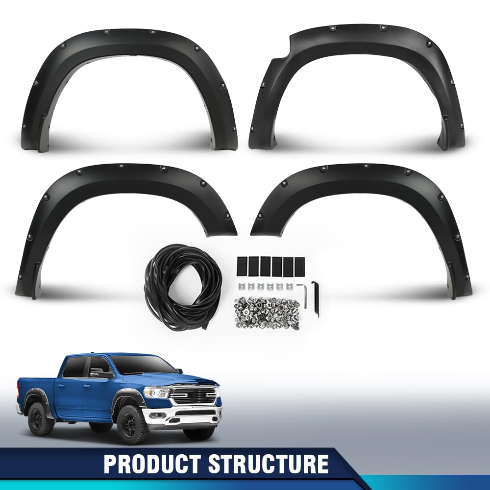 Pit66 Fender Flares Smooth Pocket Riveted Compatible With Ram 1500 2Wd/4Wd 2019 2020 2021 2022 2023/ Not Fit Rebel Models