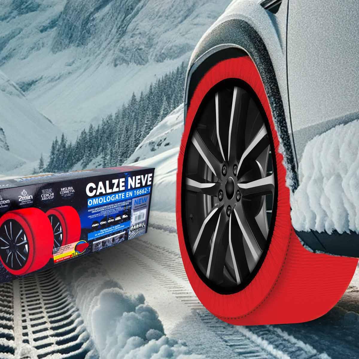 Carall Snow Socks For Car, Red Color, Size L, Textile Snow Chains, Easy Assembly In 2 Minutes, Approved En 16662-1 (Red, L)