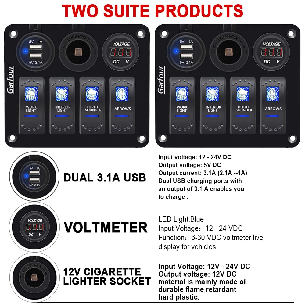 Garfour 2 Pieces Waterproof Boat Rocker Switch Panel Aluminium Panel With 12V Voltmeter 3.1A Dual Usb Cigarette Lighter Socket 4