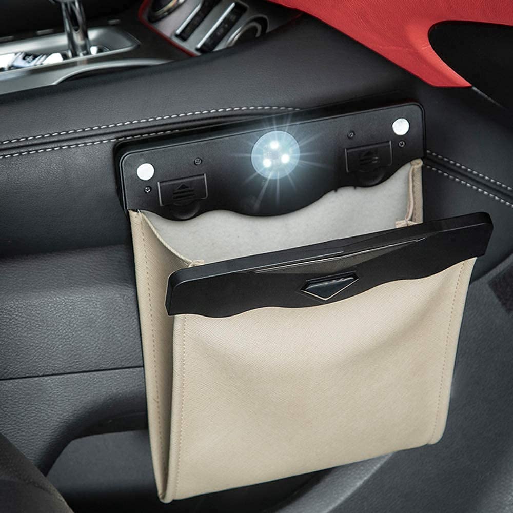 Creomg Car Trash Bag, Superior Pu Leather With Led Light And Magnet Closure Design, Bundle With Tissue Box And 30 Disposable Inn