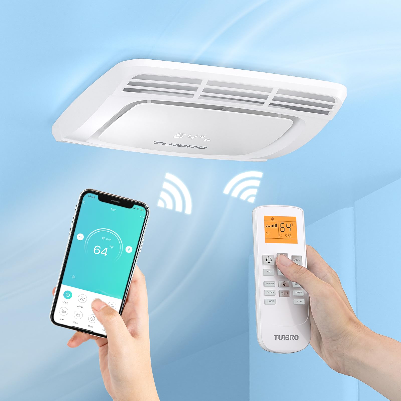 TURBRO 15,000 BTU RV Air Conditioner with Electric Heating, WiFi-Controlled, White, Model FM15H