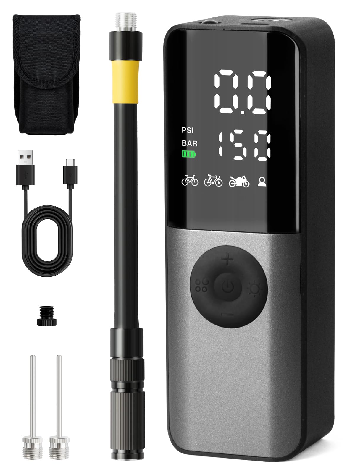 Gputek Mini Bike Electric Air Pump: 150Psi Portable Bicycle Tire Pump With Digital Pressure Gauge For Road, Mountain, E-Bike, Mo