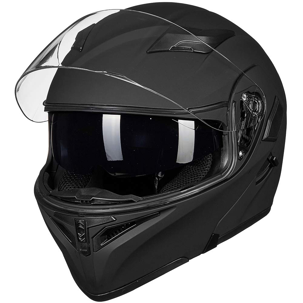 ILM Motorcycle Helmet Dual Visor Modular Full Face DOT LED Light Model 902L, Medium, Matte Black - LED