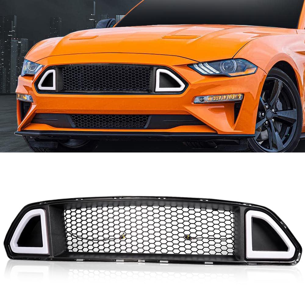 Pit66 Front Hood Upper Grille With White Drl Led Light, Compatible With 2015-2017 Ford Mustang