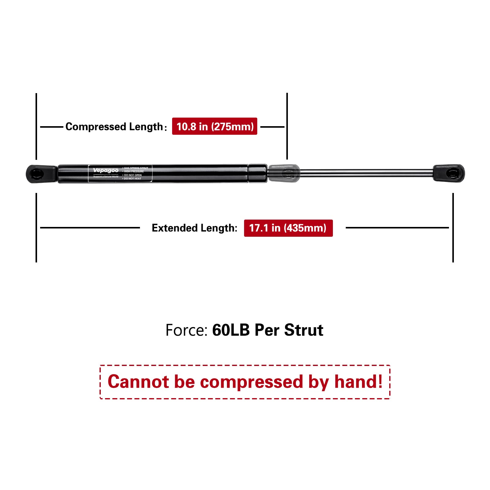 C16-06867 17 Inch 60Lb/267N Gas Shock Strut For Leer Snugtop Are Camper Topper Rear Window Truck Cap Canopy, Pack Of 2Pcs