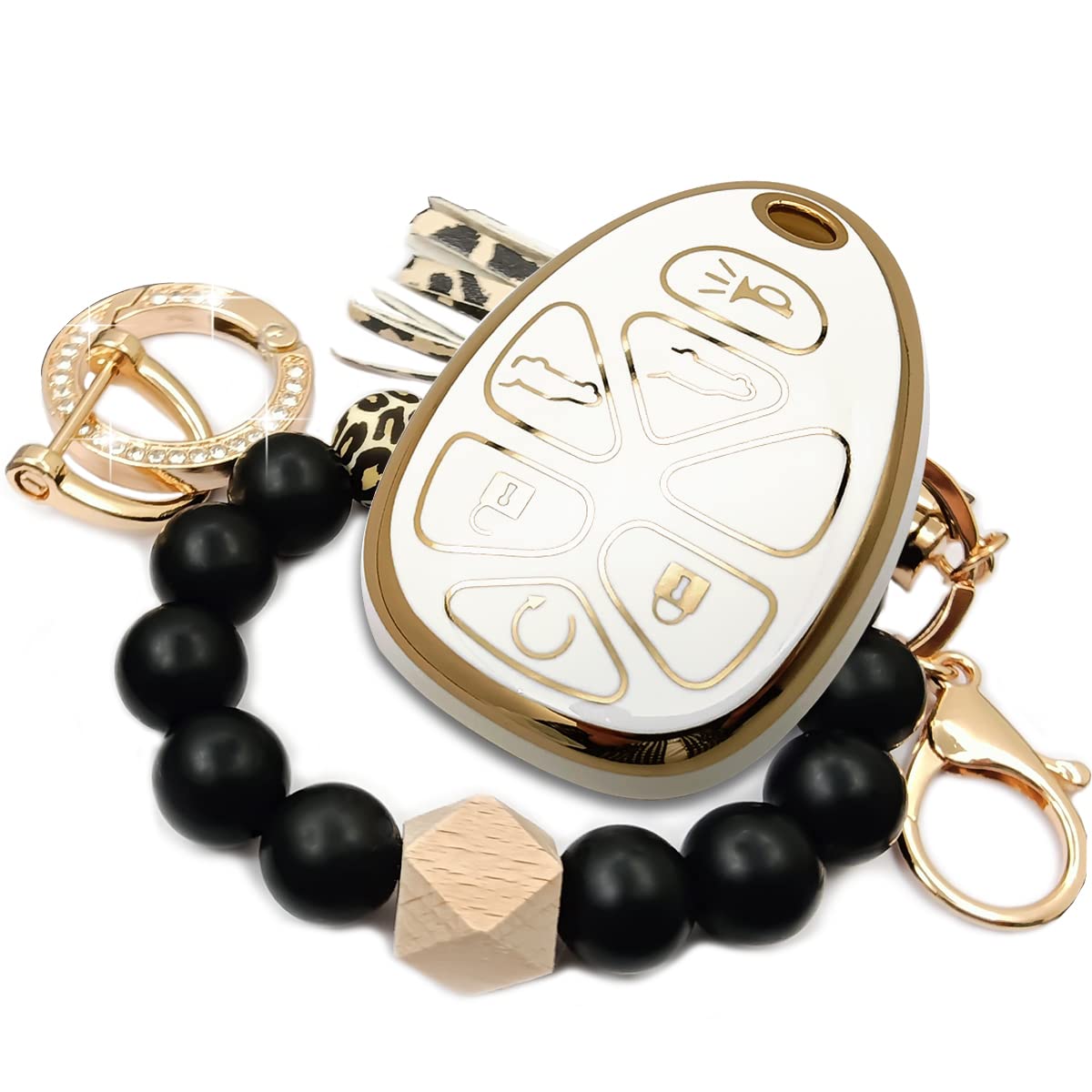 Rfsrz Key Fob Cover Compatible With Chevrolet Suburban Tahoe Traverse Cadillac Escalade Gmc Yukon Saturn Car Accessories 6 Button With Silicone Bracelet Key Holder (White)