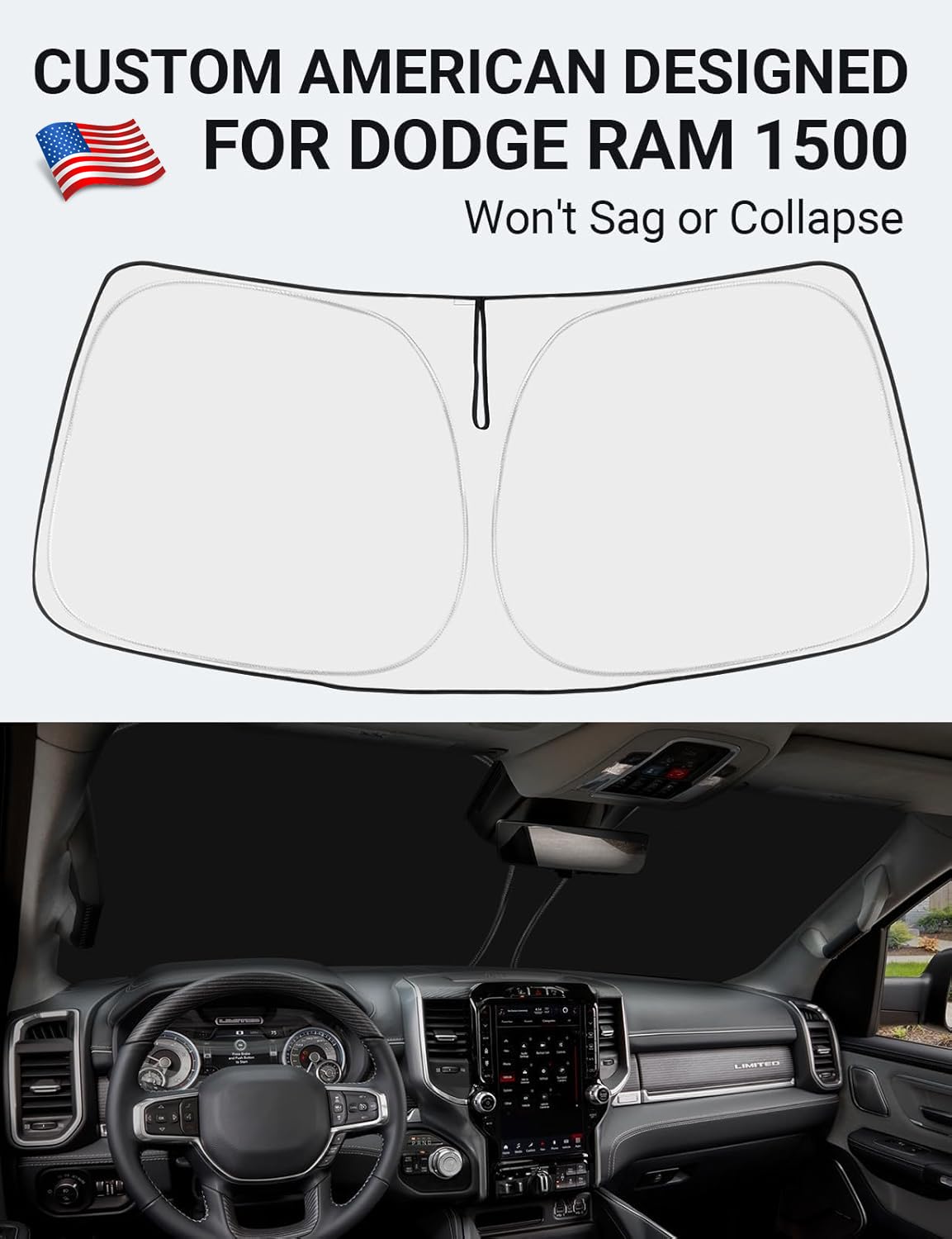Proadsy 2025 Upgrade Windshield Sun Shade Custom Fit Dodge Ram 1500 2Dr 2019-2024 2025 4-Layer Foldable Front Sunshade Protector