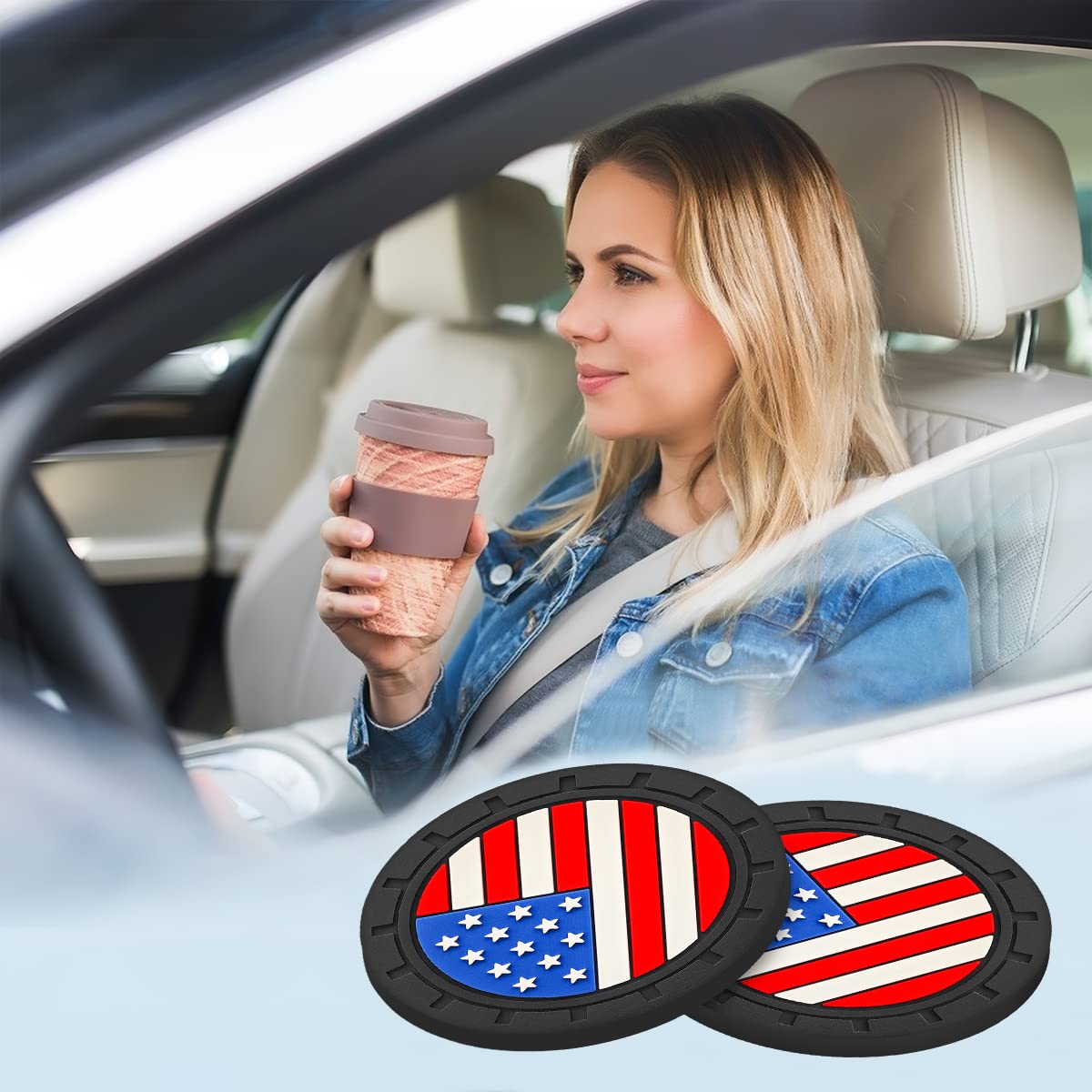 Auceli 4 Pack Car Cup Holder Coasters, Colored American Flag Us Flag Insert Car Cup Coaster, 2.75 Inch Anti Slip Shockproof Embe