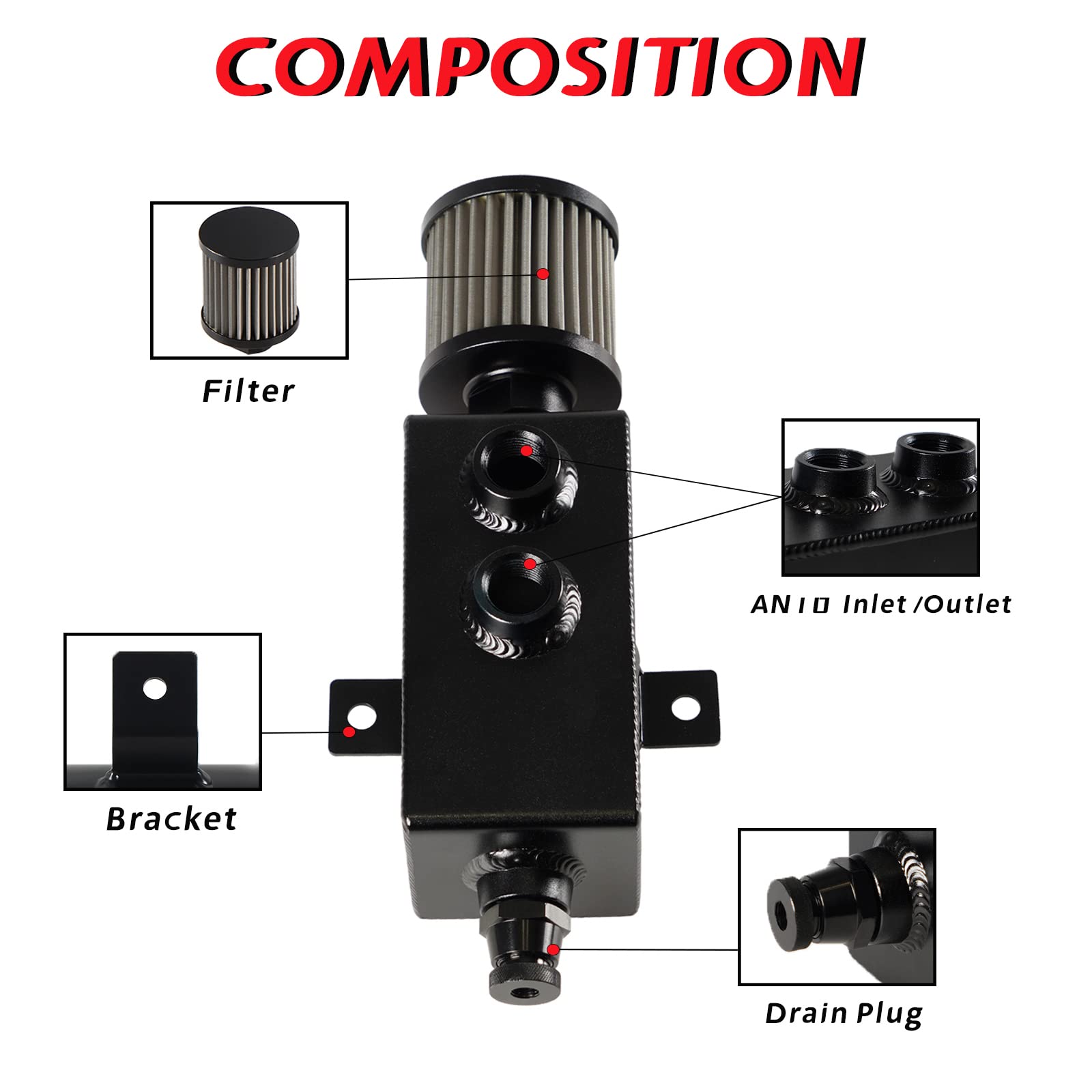 Poseng Universal 10An Oil Catch Can Tank Baffled 1L With Filter Aluminum Black Htracing