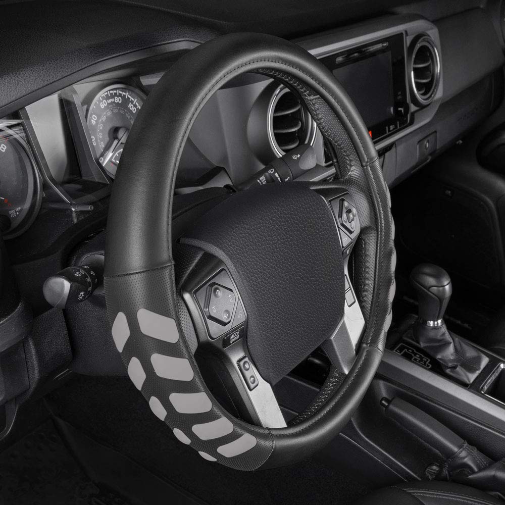 Caterpillar Ultra Sports Grip Leather Steering Wheel Cover - Strong, Durable Protection For Trucks 15.5-16.5” Diameter Wheels, Gray (Casw-203-Gr-L)