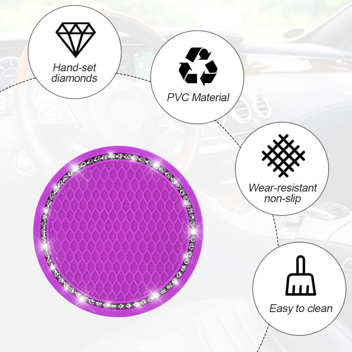 2 Pack Car Bling Cup Holder Coaster, 2.75 Inch Crystal Rhinestone Car Cup Holder Insert Coaster,Universal For Cars, Vehicles, Suvs, Car Interior Accessories For Women And Men (Purple)