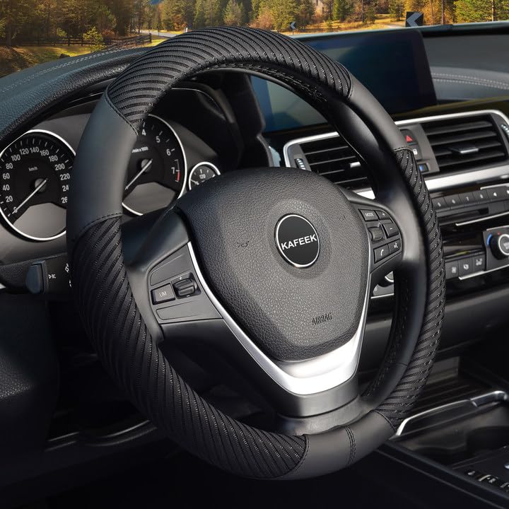 Kafeek Steering Wheel Cover, Universal 15 Inch, Microfiber Leather Ice Silk, Breathable, Black