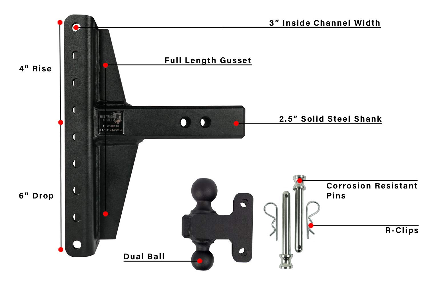 Bulletproof Hitches 2.5'' Adjustable Extreme Duty (36,000Lb Rating) Offset 4'' & 6'' Drop/Rise Trailer Hitch With 2'' And 2 5/16