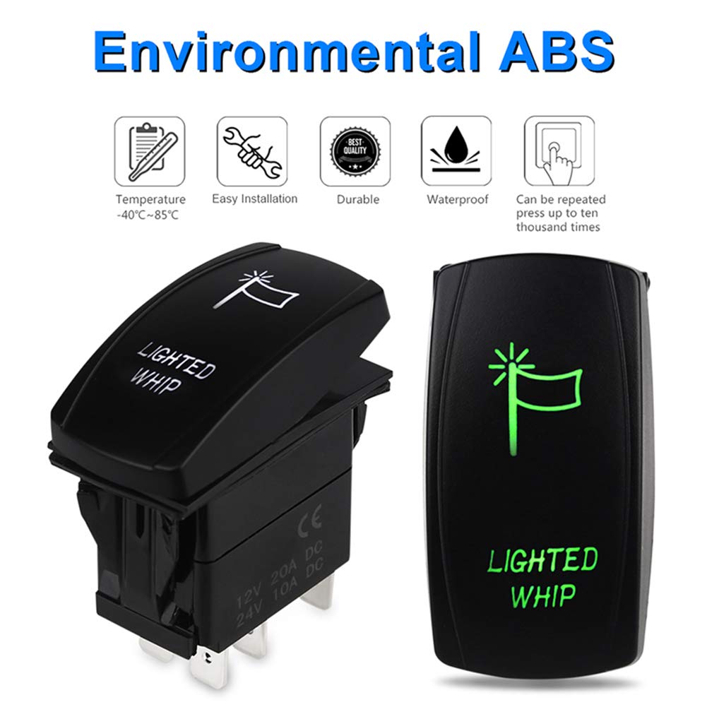 Waterwich Lighted Whip Illuminated Rocker Toggle Switch Waterproof With Jumper Wires Set Dc 20A 12V/10A 24V 5Pin On-Off/Spst Rocker Switch For Auto Truck Boat Marine Rv (Green)