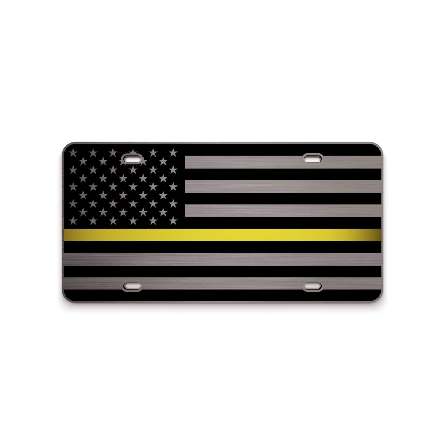 Jass Graphix Dispatcher Thin Yellow Line American Flag License Plate Matte Black On 1/8'' Brushed Aluminum Composite Heavy Duty