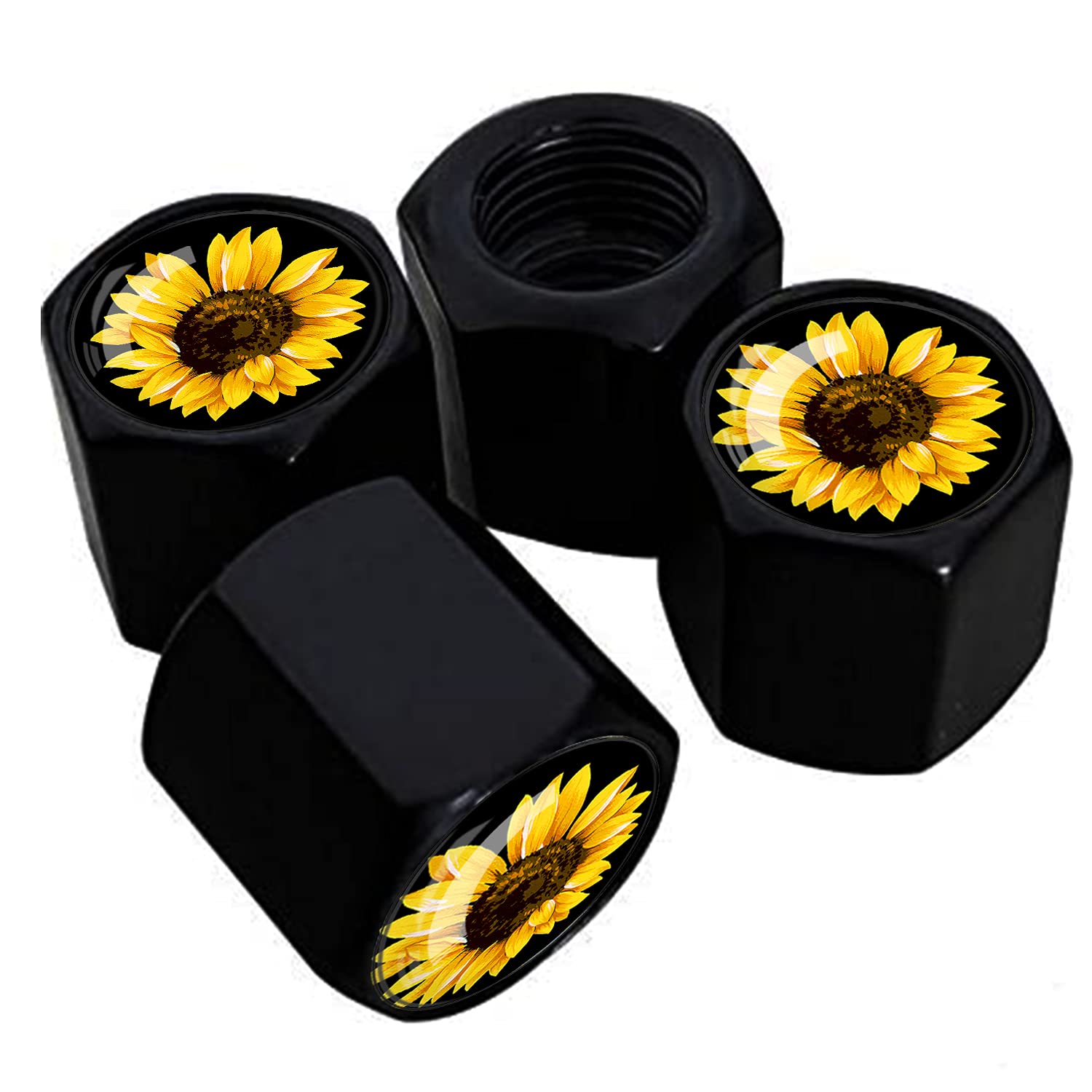 Xiageana Metal Car Wheel Tire Valve Stem Caps 4 Pack Cool Sunflower Pattern Aluminum Car Tire Air Valve Caps For Cars, Trucks, B