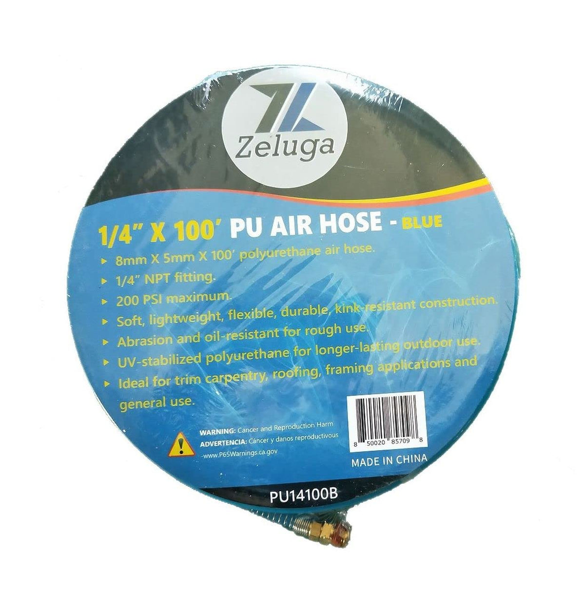 Zeluga Pu14100B (Pu) Polyurethane Non-Transparent Air Hose 1/4In. X 100Ft, Extremely Light Weight, Blue