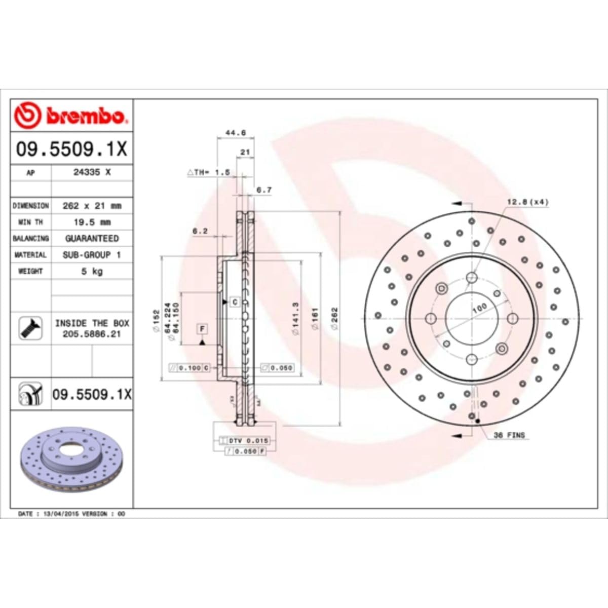 Brembo 09.5509.1X Xtra UV Coated vented drilled Front Brake Rotor EUROPESTAR/HONDA/HONDA (DONGFENG)/HONDA (GAC)/LOTUS/MG/ROVER O