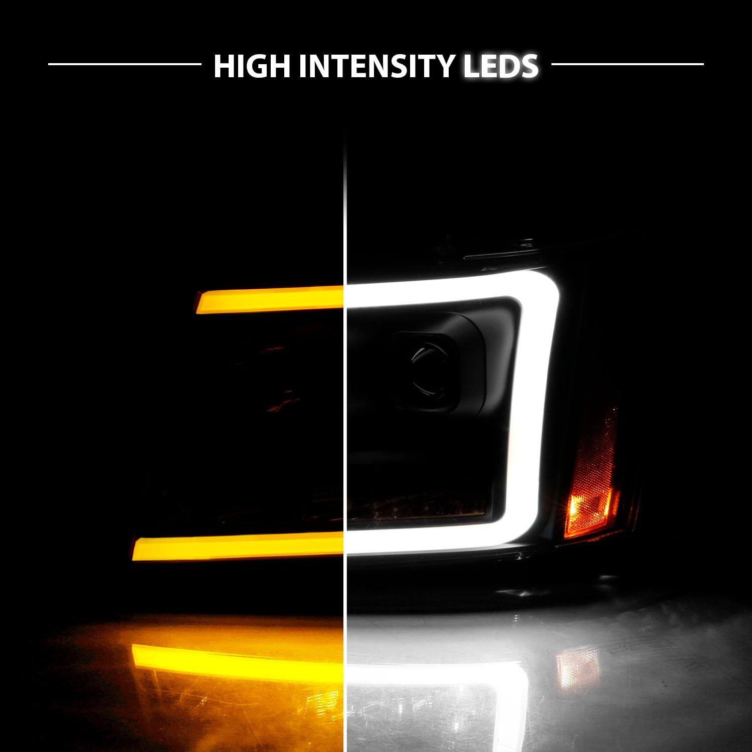 Amerilite For 2007-2013 Chevy Avalanche/Suburban/Tahoe Switchback Led Tube Turn Siganl Projector Black Replacement Headlights Pa