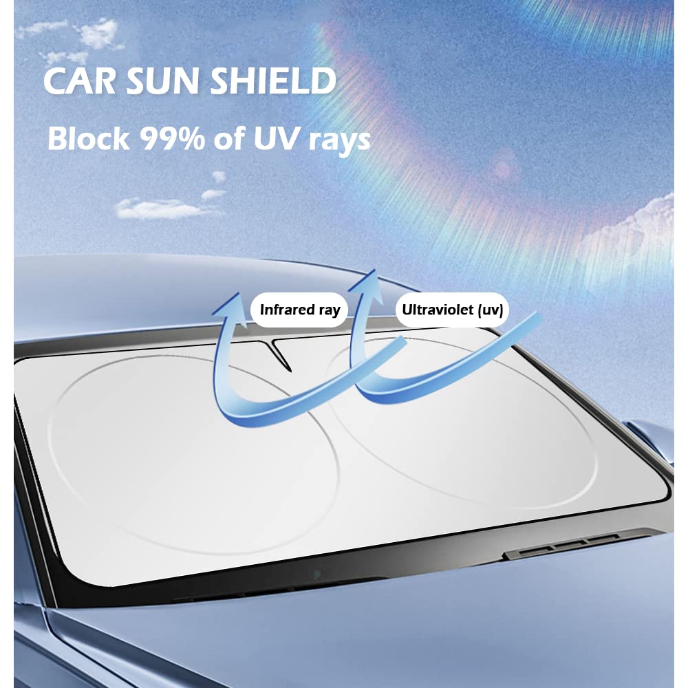 Foldable Sunshade for Car Windshield with Mirrors Cut-Out Design,99% UV Heat Shield Reflector Automotive Glass Cover,Keeps Cool