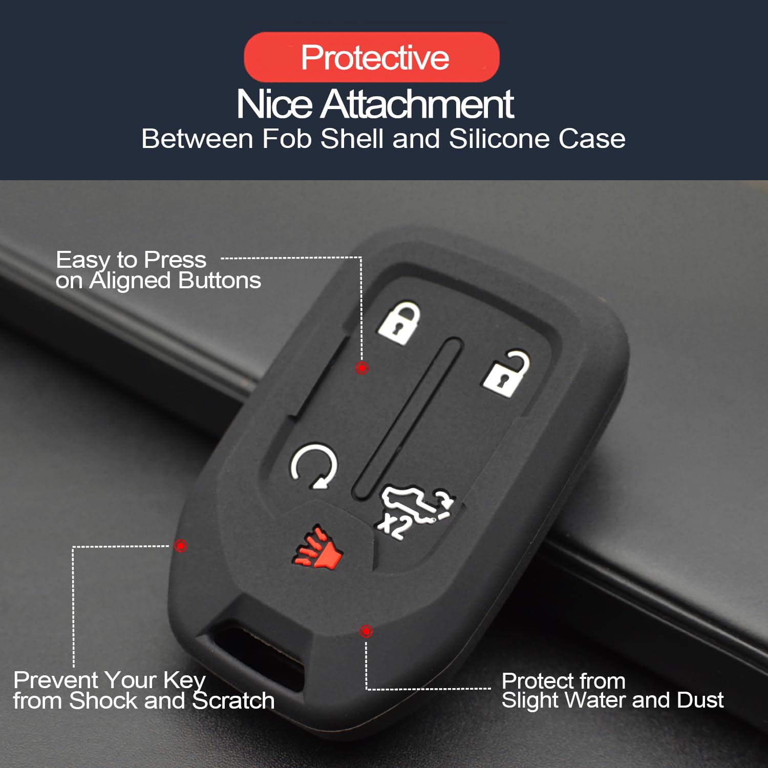 Infipar 1Pcs Compatible With Chevy Chevrolet Silverado Gmc Sierra 1500 2500 Hd 3500 Hd Silicone Smart Key Fob Cover Case Protector Truck Accessories Fob Holder (5-Button, Black)