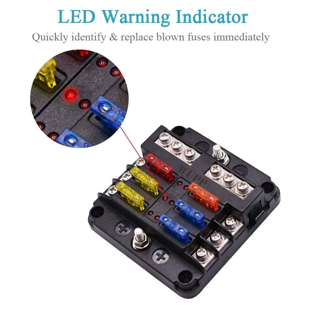 WUPP Waterproof 12 Volt Fuse Block Panel - 6 Circuits, LED Indicator, Nickel-Plated Copper, Model CS-664A1, Screw Terminal