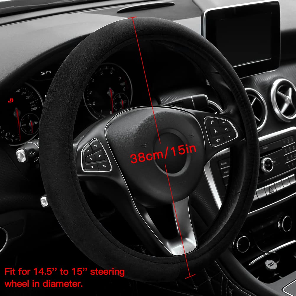 Otostar Soft Velvet Steering Wheel Cover, Universal Luxury Steering Wheel Protector Car Interior Accessories 15 Inch (Black)