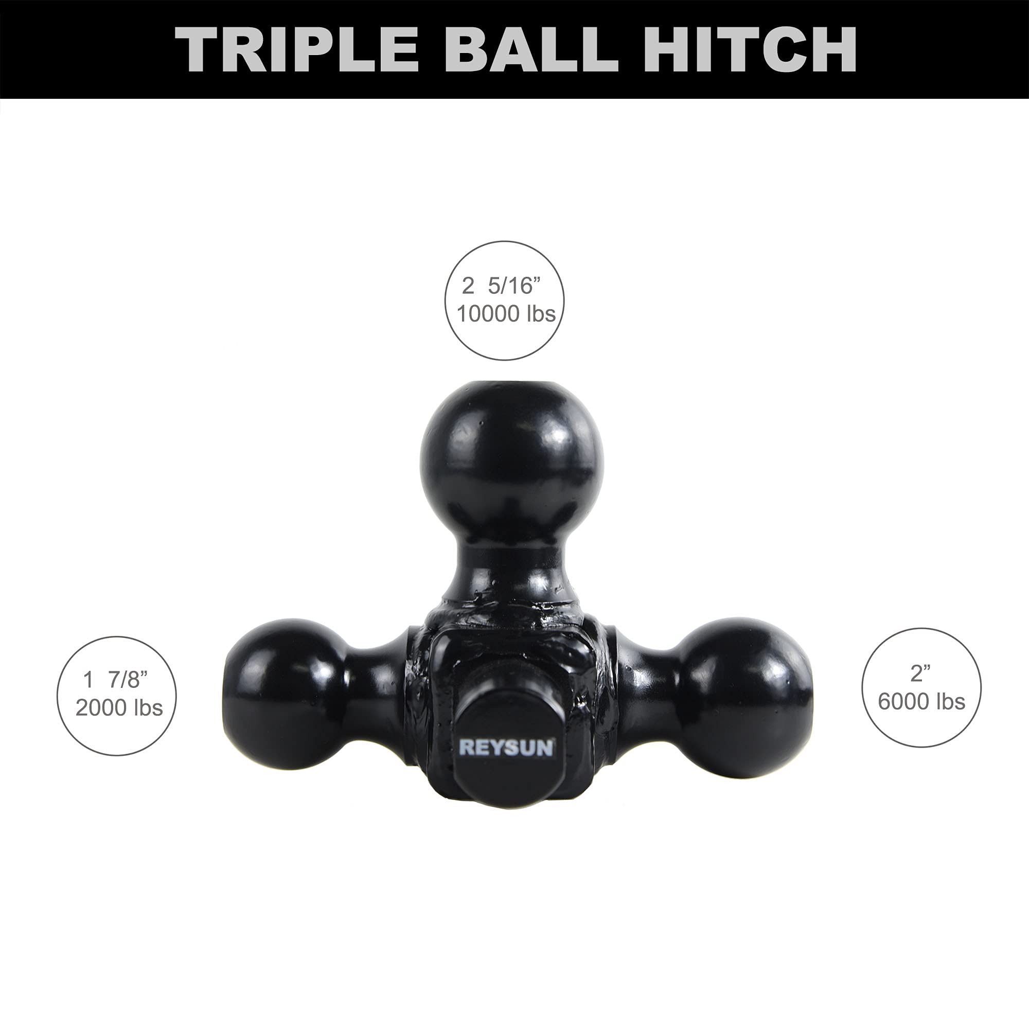REYSUN 864058HP Trailer Hitch Tri Ball Mount and 360 Swival Tow Shackle, Fits for 2 Inch Receiver, Hitch Pin Included