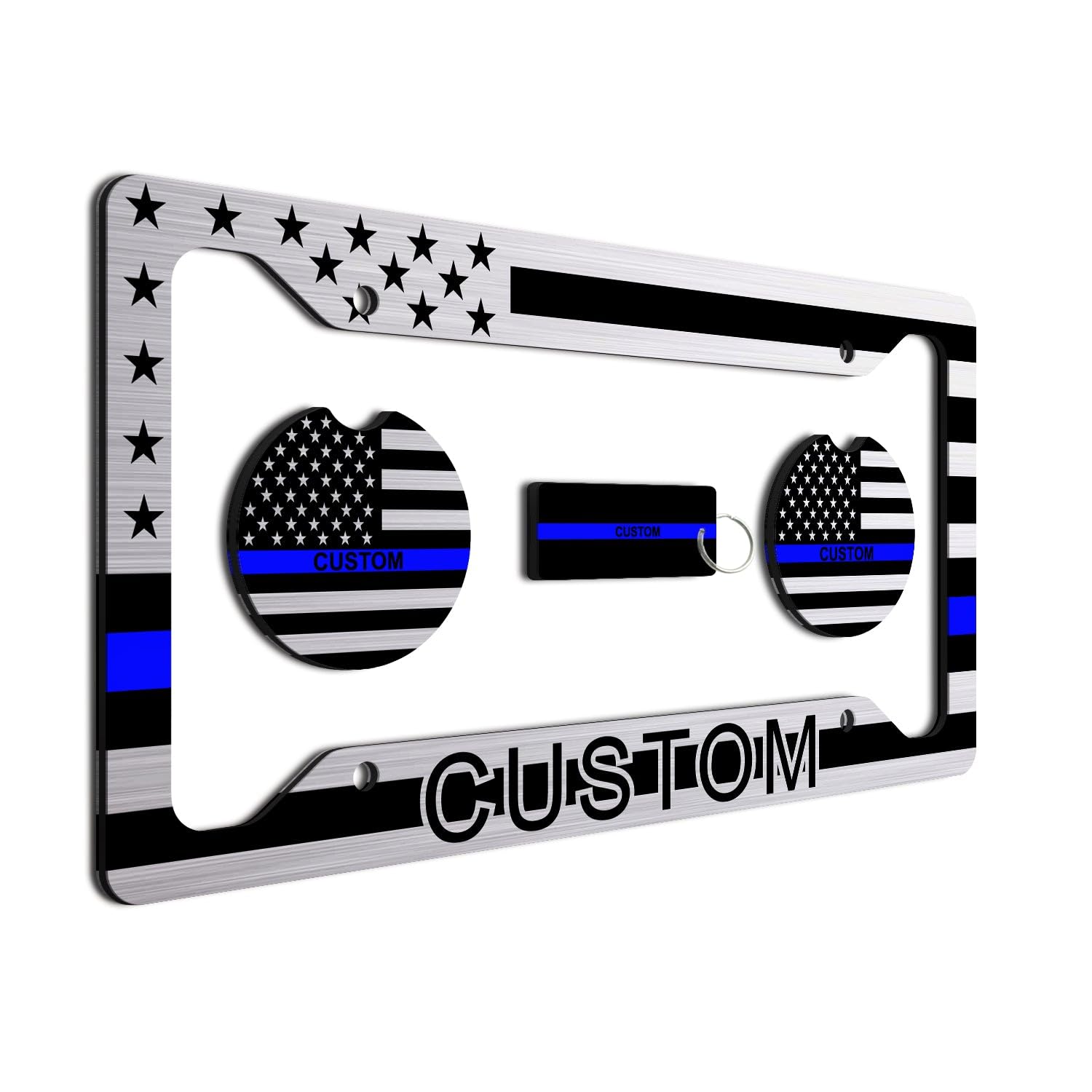 Thin Blue Line - Personalized American Flag License Plate Frame + 2 Coasters And A Keychain