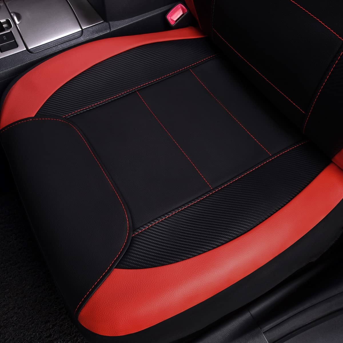 Flying Banner Car Seat Covers Protects Water Proof Faux Leather Carbon Fiber Front And Rear Bench (Red Black, Full Set - 9Pcs)