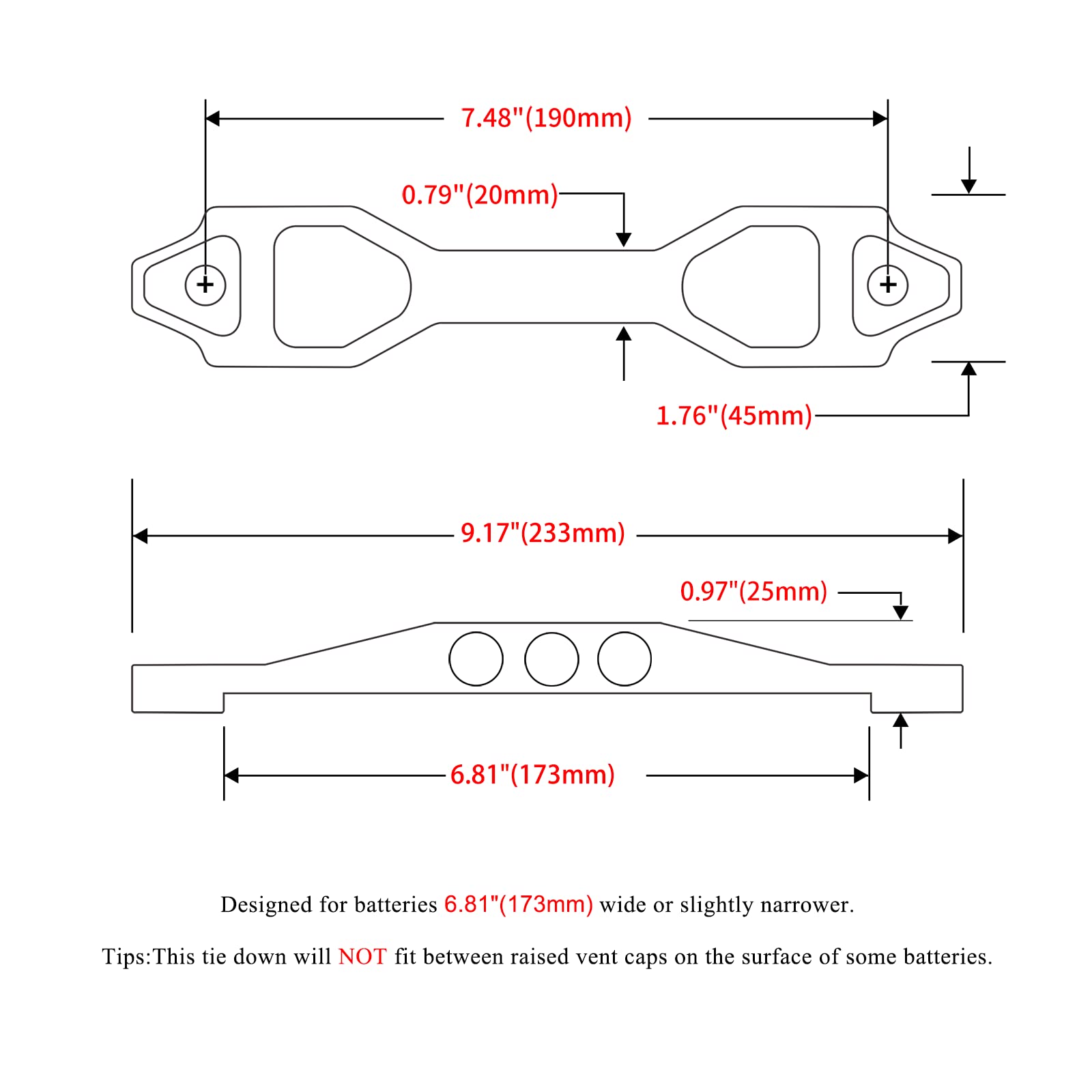Aronova Heavy Duty Battery Hold Down Sets,With Billet Aluminum Battery Tie Down Bracket And 18-8(304) Stainless Steel J Bolts(Bl