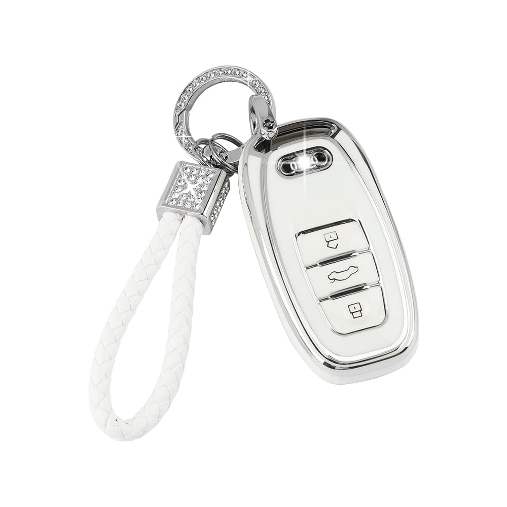 Pifoog Key Fob Cover For Audi 4 Buttons Tpu Soft Keys Case Shell Bling Keychain Car Accessories For Audi Q5 A4 A5 A6 A7 A8 Rs5 Rs7 S4 S5 S6 S7 Sq5 Girly Women White Silver