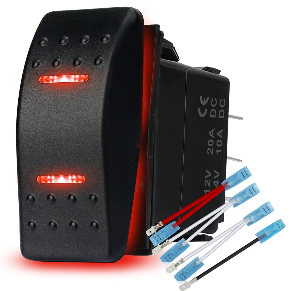 Hokaaer Waterproof Rocker Switch Toggle On-Off-On 12V/20A 24V/10A 7Pin Dpdt Red Led Light, With Jumper Wires Set For Marine Boat Car Truck Trailer 4X4 Caravan Rv Suv Atv Utv