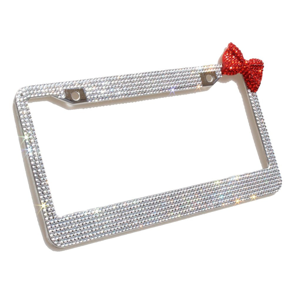 Otostar 7 Row Pure Handmade Waterproof Bling Bling Rhinestones Stainless Steel Metal License Plate Frame With 2 Holes With Match