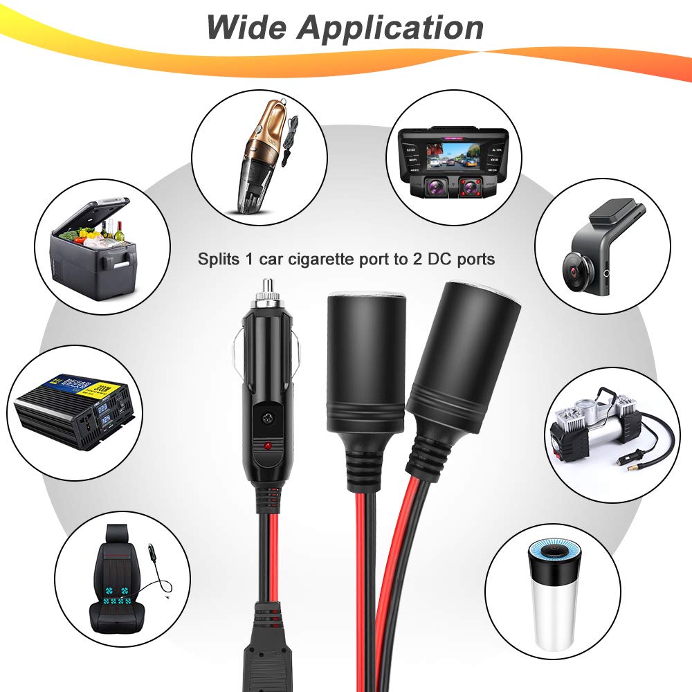 Electop 1 To 2 Car Cigarette Lighter Splitter Adapter Power Charger Port, 12V 24V Plug Socket 2-Way Splitter Y Adapter, 10 Inch