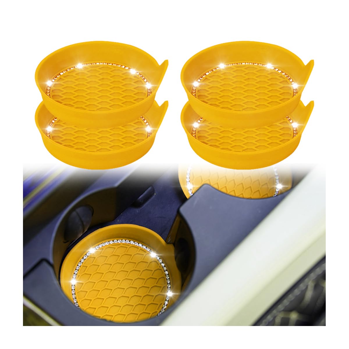 Zipelo Bling Car Cup Coaster, 4 Pack Universal Vehicle Anti-Slip Cup Holder Insert Coasters, Crystal Rhinestone Silicone Shockpr