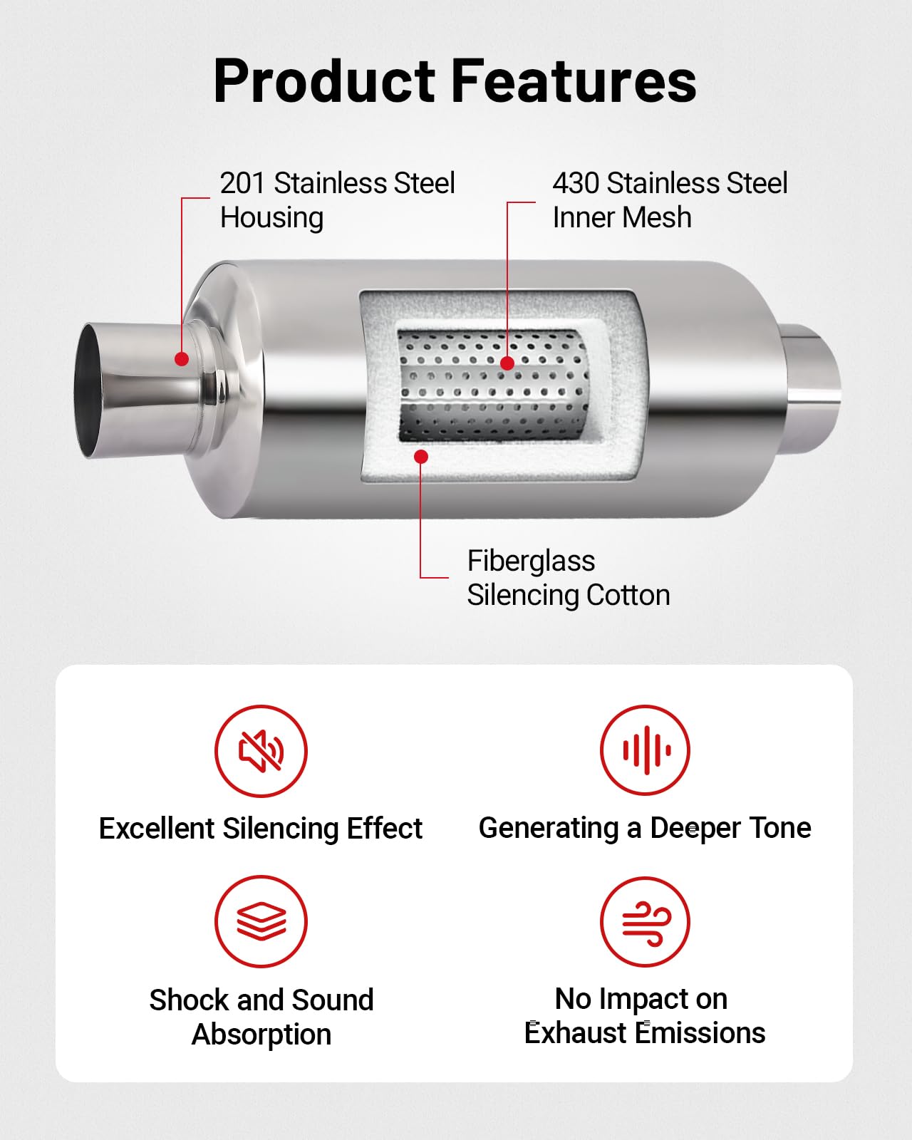 EVIL ENERGY 2'' Resonator Muffler Stainless Steel (2.0inch Inlet/Outlet, 13.8'' Length)