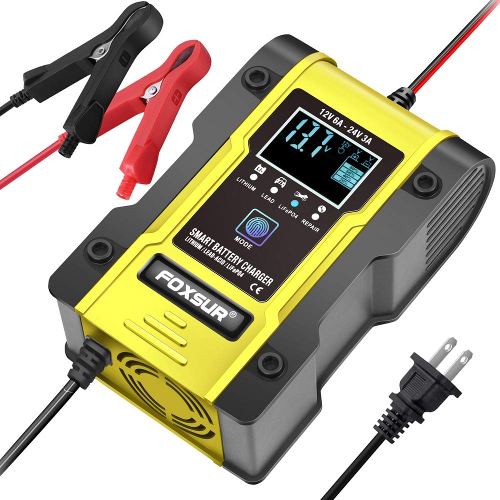 Ieik 12V/6A Battery Charger Automotive 7-Stage Multifunction Smart Charger Maintainer 24V/3Afor Car, Truck, Motorcycle, Lawn Mower, Boat, Atv, Lithium/Lifepo4/Lead-Acid/Deep Cycle Battery Charger